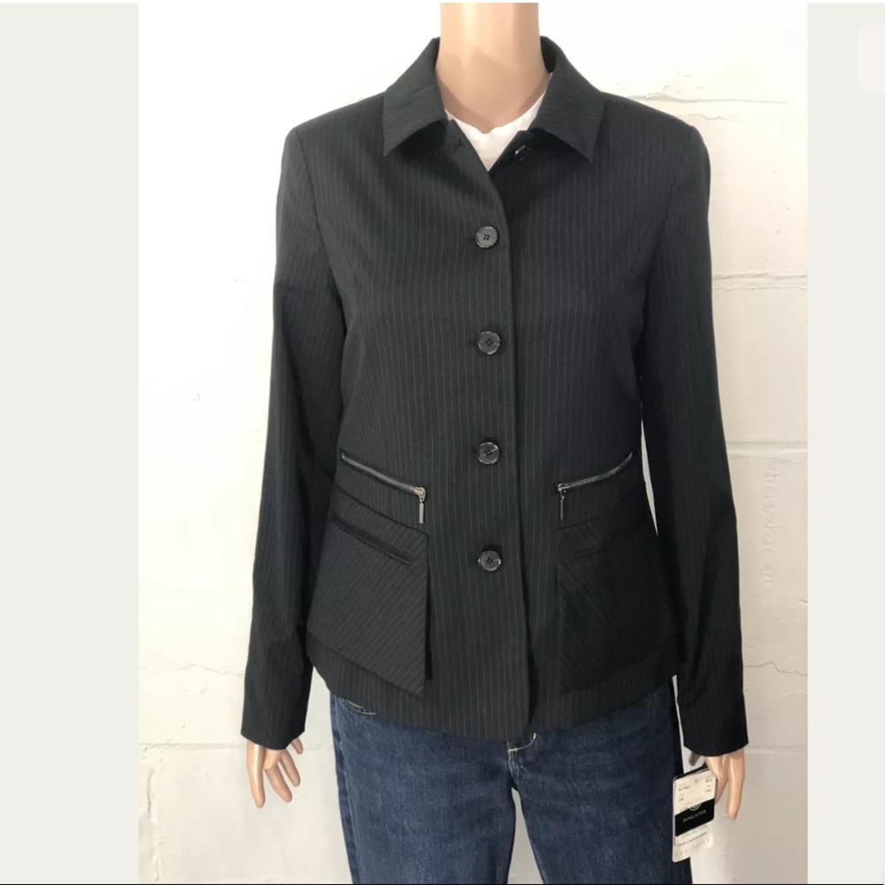 Doncaster Pinstripe Jacket Black Zipper Pockets